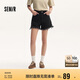 森馬牛仔褲女黑色毛邊綁帶夏高腰短褲109324122006
