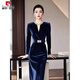 皮爾卡丹（pierre cardin）2025年秋重要場合感氣質長裙氣場強大小香風藍色絲絨連衣裙 藍色 2XL 【建議125-140斤】