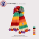 TUTORGOOSE秋冬新款正品彩虹條紋圍巾女冬季保暖真兔毛毛球披肩生日禮物 彩虹色