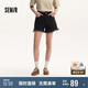 森馬牛仔褲女黑色毛邊綁帶夏高腰短褲109324122006