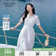 秋水伊人X型V領(lǐng)印花一片式綁帶連衣裙2025年夏季新款女休閑中長(zhǎng)裙 本白 L