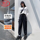 浪莎加絨工裝褲女秋冬季高腰束腳褲加長(cháng)寬松直筒褲黑色休閑運動(dòng)沖鋒褲