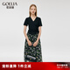 歌莉婭真絲套裝女夏新款桑蠶絲V領(lǐng)t恤上衣印花半裙1C7CAC170 8AD黑綠粉鉆花印花 XS (160)
