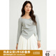 獨(dú)束大碼女裝芭蕾風(fēng)褶皺長(zhǎng)袖T恤2025春季新品不對(duì)稱下擺顯瘦上衣 花灰色 XL (尺碼：3) 拍前和客服確認(rèn)尺碼