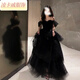 凌卡戚黑色晚禮服裙2024新款輕奢小眾高端一字肩感成人禮畢業(yè)演出女 黑色 S