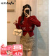 她芙（tafu）品牌女裝小個子時尚套裝女2025春秋新款韓版氣質(zhì)毛衣短裙兩件套 珍珠紅毛衣+亮片金裙【兩件套】 M