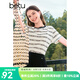 百圖betu女裝夏季新款T恤撞色圓領條紋提花透氣寬松短袖女2407T21 黑白條 L