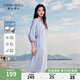 秋水伊人H型圓領(lǐng)開叉插肩袖連衣裙2025夏季新款女休閑簡(jiǎn)約中長裙 藍(lán)色 M