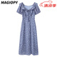 MAGIOPY國(guó)際奢侈品牌女裝連衣裙女夏季新款甜美娃娃領(lǐng)泡泡袖收腰碎花裙子 牛仔藍(lán)花 L