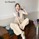 拉夏貝爾（La Chapelle）杏色輕奢感小香風(fēng)馬甲套裝女2025夏氣質(zhì)休閑T恤闊腿褲三件套 亞麻色 M 115斤內(nèi)