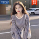 莫代爾溫柔風(fēng)洋氣慵懶休閑圓領(lǐng)條紋長(cháng)袖t恤女韓系寬松顯瘦小眾上衣ins潮 173-2289【圖片色】 L 110-140