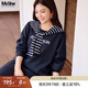 MsShe【披肩衛(wèi)衣套裝】大碼女裝2025秋季胖mm條紋刺繡上衣半身裙 【衛(wèi)衣＋半身裙】藏青藍(lán)色現(xiàn)貨 2XL