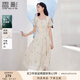 香影碎花方領(lǐng)連衣裙女2025夏裝新款蕾絲邊重工刺繡泡泡袖杏色裙子 杏色 S 155/80A/85-95斤