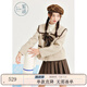 紫涵甜美套裝2件套冬季蝴蝶結(jié)大翻領(lǐng)大衣短裙學(xué)院制服 米色 M