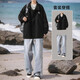 百鵲亭（BAIQUETING）夾克外套男生痞帥穿搭套裝秋冬潮流寬松一套搭配牛仔褲帥氣兩件套 外套黑+牛仔褲藍【兩件套】 XL