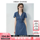 VEGA CHANGVEGA CHANG牛仔連衣裙女2025新款夏季小個(gè)子V領(lǐng)蕾絲花邊收腰短裙 海灣藍(lán)(短款) L