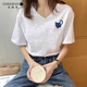哥瑞美2025新款夏季上衣寬松韓版竹節(jié)棉白色貓咪女士短袖t恤高級(jí)感V領(lǐng)女 白色藍(lán)貓 L （推薦115-125斤）