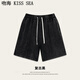 吻海 KISS SEA260克重磅純棉歐碼潮牌男水洗短褲大碼寬松純色五分休閑短褲 復古黑 M