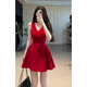 GARNUO紅色無袖背心連衣裙女夏季法式訂婚禮服敬酒服收腰顯瘦紅裙子短裙 紅色 S 【80-100斤】