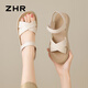 ZHR涼鞋女夏季新品一字帶真牛皮軟底通勤百搭媽媽女鞋 ES65米色37