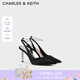 CHARLES&KEITH亮鉆鏈條腕帶尖頭高跟涼鞋女七夕禮物送女友CK1-60280436 BLACK TEXTURED黑色紋理 36