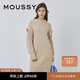 moussy新款落肩絞花拼接直筒裙針織連衣裙010FAH70-6220 620淡褐色 均碼