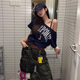 心楠美式復(fù)古辣妹斜肩短袖t恤女夏季2025新款寬松慵懶風(fēng)露肩別致上衣 藏青色L碼【建議100-120斤】