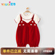 優(yōu)奇嬰兒衣服女寶寶夏季超薄短袖連體衣女童薄款百天紅色喜慶周歲禮服