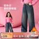 ASK JUNIOR女童褲子冬直筒褲撞色搖頭扣兒童褲子休閑加絨牛仔褲 藍(lán)色 160 