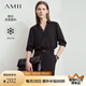 AMII2025夏新款通勤翻領(lǐng)V領(lǐng)拼蕾絲涼感雪紡衫女五分袖寬松12522076 黑色 L