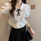 貞喜氣小個(gè)子穿搭套裝女夏季學(xué)院風(fēng)jk制服收腰短袖短款泡泡袖上衣短裙 領(lǐng)結(jié)+襯衫+百褶裙 L 建議100-115斤