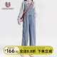 unisunny孕尚孕婦褲子春秋季外穿牛仔背帶褲寬松直筒褲小個子孕婦裝大碼休閑褲 淺藍 XL【建議120～140斤】
