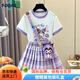 FIDQIOG國際品牌女童庫洛米夏裝洋裝2025新款夏季兒童短袖兩件套女孩jk套裝裙子 紫色+包 120 cm:建議身高111-120