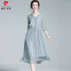 皮爾卡丹桑蠶絲連衣裙2025新款夏季高端品牌年輕真絲名媛氣質(zhì)裙子 灰藍色 M 建議  90-105斤
