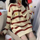 VEOX毛衣女針織衫女2025新款可愛(ài)小熊刺繡條紋秋冬季寬松韓系慵懶風(fēng) 條紋毛衣 M 91-100