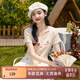 紫涵（ZIHAN）紫涵短款針織T恤女夏季新款蛋糕刺繡小個(gè)子修身U型領(lǐng)短袖上衣 米金 M