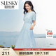熙世界sllsky藍(lán)色亞麻連衣裙女2025夏季新款氣質(zhì)優(yōu)雅收腰圓領(lǐng)泡泡袖裙子 鹽水藍(lán) M