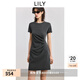 LILY2025夏新款格雷系極簡(jiǎn)風(fēng)不對(duì)稱(chēng)褶皺收腰休閑短袖T恤連衣裙女 501灰色 S