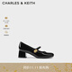 CHARLES&KEITH法式粗跟方頭金屬扣瑪麗珍鞋子女鞋女士生日禮物CK1-60280433 Black Patent黑色 36