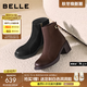 百麗（Belle）復古羊皮擦色時(shí)裝靴女2025冬新商場(chǎng)同款優(yōu)雅高跟短靴E4X1DDD5預售 咖啡色 38
