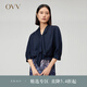 OVV2023春夏新款女裝22MM彈力雙喬翻領(lǐng)飄帶中袖真絲襯衫 藏青（凈色）A2 M