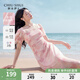 秋水伊人暈染印花方領(lǐng)連衣裙2025年夏季新款女休閑簡約顯瘦中長裙 粉紅 L