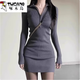 啄木鳥(niǎo)小媽風(fēng)連衣裙女包臀裙黑絲搭配新款黑色修身裙子辣妹開(kāi)春韓系穿搭 灰色 S 80-95