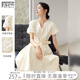 對(duì)白法式浪漫花苞袖連衣裙女2025夏季新款氣質(zhì)V領(lǐng)純棉收腰A字裙 米黃色 S