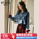 Olrain歐芮兒藍(lán)色牛仔襯衫女裝秋季港風(fēng)復(fù)古撞色上衣 藍(lán)色 S