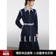 ELLE藏青色條紋拼接襯衫式連衣裙女2024冬季新款中長(cháng)款收腰裙子 藏青 L