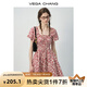 VEGA CHANG碎花連衣裙女2025新款夏季法式方領(lǐng)泡泡袖收腰甜美短裙 紅鳶色 M