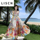 LISCN*冰肌玉骨*彩色碎花朵吊帶綁帶高腰度假連衣裙長(zhǎng)裙 圖片色 L