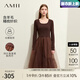 AMII七夕禮物2025冬新款法式復(fù)古U領(lǐng)方領(lǐng)撞料拼接網(wǎng)紗假兩件連衣裙女 咖色 160/84A/M