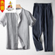 稻草人新中式亞麻唐裝套裝男士復(fù)古薄款短袖國風(fēng)棉麻透氣休閑襯衫兩件套 淺灰短袖+藏青長褲兩件套 3XL 150-165斤